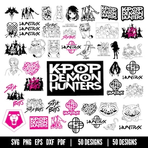 SVG de cazador de demonios Kpop, SVG de Saja Boy, SVG de Huntrix, SVG inspirado en cazadores de demonios, PNG de gato y pájaro, grupo de ídolos Kpop, SVG de Kpop, Cricut y Silhouette