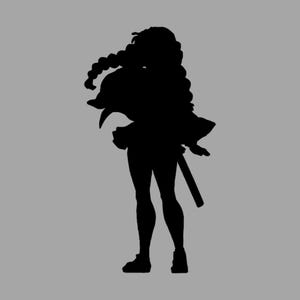 Puede incluir: Silueta negra de una persona de pie con una espada. La persona tiene el pelo largo y trenzado y lleva una capa. El fondo es de color gris liso.