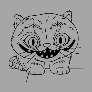 Puede incluir: Ilustración en blanco y negro de un gato de dibujos animados con una amplia sonrisa y ojos grandes. El gato está sentado, con sus patas visibles, sobre un fondo gris. El estilo recuerda a los dibujos animados clásicos.