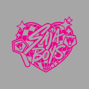 Puede incluir: Un diseño gráfico con el texto "SAJA BOYS" en una fuente estilizada, dentro de una forma de corazón rosa. El diseño incluye estrellas, un globo terráqueo y emblemas de cabeza de león, todo en un color gris contrastante sobre un fondo gris.