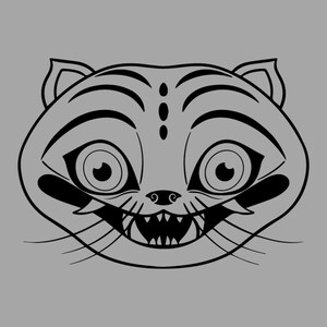 Puede incluir: Ilustración estilizada de la cara de un gato con una amplia sonrisa, dientes afilados y ojos grandes. El diseño presenta contornos negros sobre un fondo gris, con detalles como bigotes y rayas.
