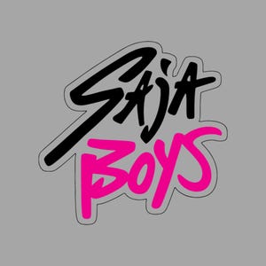 Puede incluir: Diseño gráfico con el texto "SAJA BOYS". La palabra "SAJA" está en negro, y "BOYS" en rosa brillante. El diseño tiene un contorno blanco y está sobre un fondo gris.