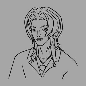 May include: Line drawing of a person with long hair, wearing a collared shirt and a heart pendant necklace. The image is a black and white illustration on a gray background.
