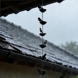 Puede incluir: Una cadena de lluvia decorativa con detalles en forma de pájaros. La cadena está suspendida de un tejado, con agua cayendo durante una tormenta. La cadena es de metal oscuro y presenta pequeñas figuras de pájaros posadas en cada cuenco de la cadena.