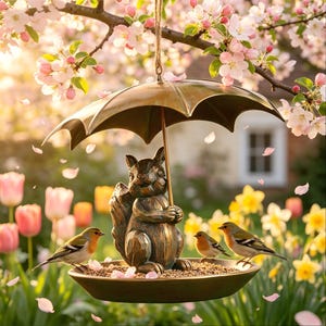 May include: A bronze-colored squirrel bird feeder with an umbrella-shaped roof, suspended by a rope. The squirrel holds the umbrella and sits above a circular tray filled with birdseed. Three small birds perch on the tray. Pink flower petals and blossoms surround the feeder.