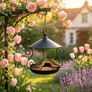 May include: A black metal bird feeder with two small birds perched inside, filled with seeds. The feeder hangs from a decorative arch with pink roses. The background features a garden with tulips, lavender, and a house.