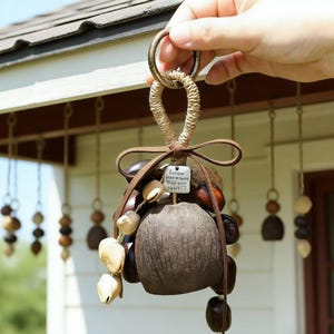 May include: A handmade keychain featuring a large, textured brown nut, adorned with various seeds and a leather bow. A small metal tag reads "follow your dreams, trust your heart." The keychain is suspended from a woven loop and a metal ring.