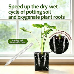 Puede incluir: Un tubo de ventilación de plástico transparente para tierra de macetas con punta y ranuras verticales. El texto dice: Speed up the dry-wet cycle of potting soil and oxygenate plant roots, Potting Soil Ventilation Tube, Prevent root suffocation and rotting.