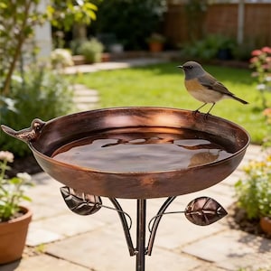 Baño para pájaros de cobre vintage con figura de pájaro / Comedero y bebedero de metal para pájaros de jardín exterior