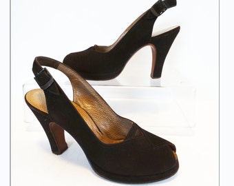 Vintage 1940s Platforms//I. Miller//Open Toe Platforms//50s Slingback Platforms//Rockabilly//Designer//Brown