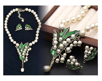 HEIDI DAUS "Lily of the Valley" White Faux Pearls Beaded Crystal Drop Necklace Matching Earrings Set NWOT