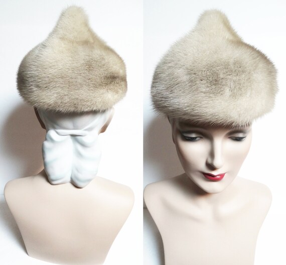 Vintage Mink Fur Hat / Taupe Color / 1960s Real Fu