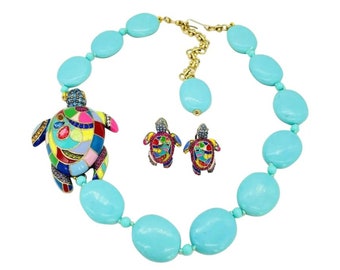 HEIDI DAUS "Totally Tortoise" Enamel Turtle Crystal Necklace & Earrings NWOT