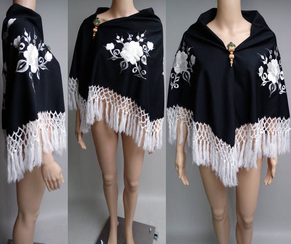 Vintage Black Shawl | Embroidered Shawl | Crochete