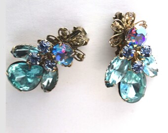 Vintage 1950s Aqua Rhinestone Earrings 50s Rhinestone Earrings Clip Earrings