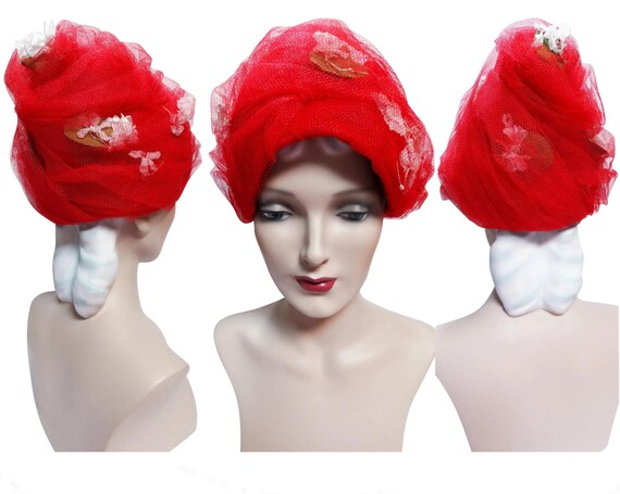 Vintage 1960s Hat | Red | Beehive Hat | Florals |