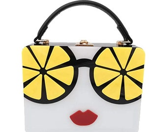 STUNNING Big Lemon Sunglass Purse White Lucite Shoulder Strap New Without Tags