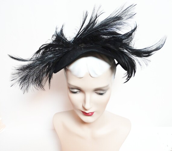 Vintage 1940s Hat | Black | 40s Original Hat | Fea
