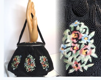 1940s Black Beaded Brocade Handbag