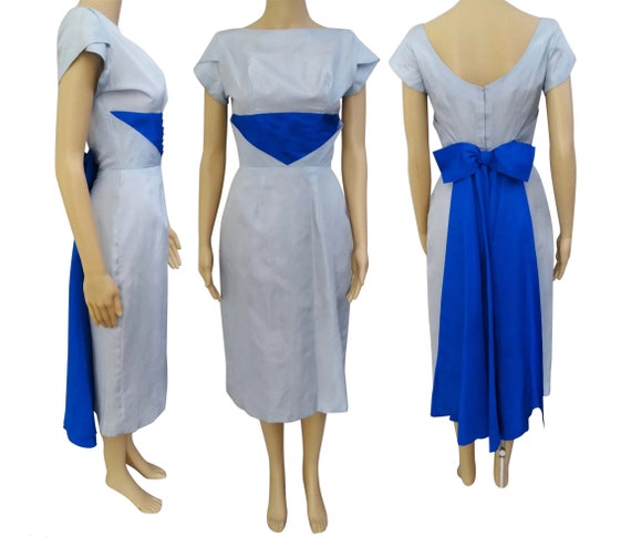 Vintage 1950s Dress//Pale Blue//Royal Blue Drape//