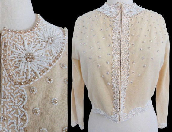 1950's Beaded Sweater//50's Cardigan//Faux Pearls/