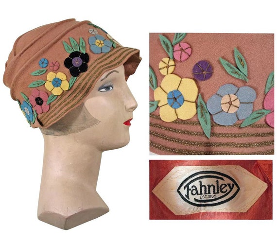 Vintage 1920s Hat | Colorful Felt Flowers | Marked