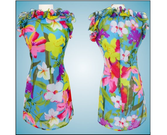 Vintage 1960s Dress / Bursting Colorful Florals