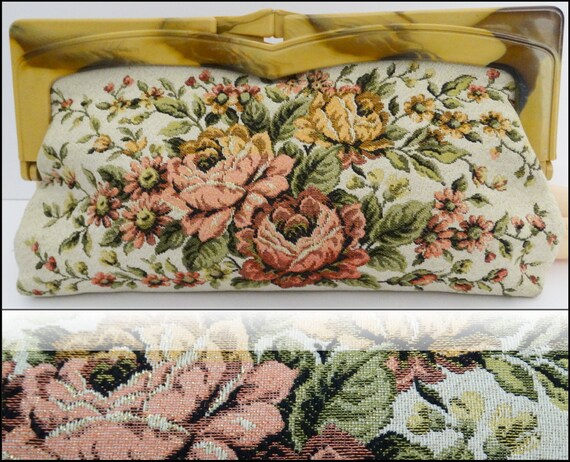 Vintage 1950s Purse//50s Purse//Tapestry with gold