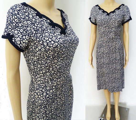 1950s Dress | Navy Blue | White Novelty Print | Wi