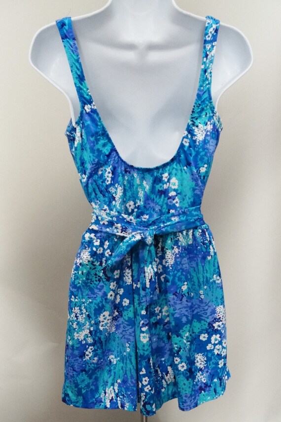 Vintage 1980s Swimsuit Blue flowers Bathing Suit shor… - Gem