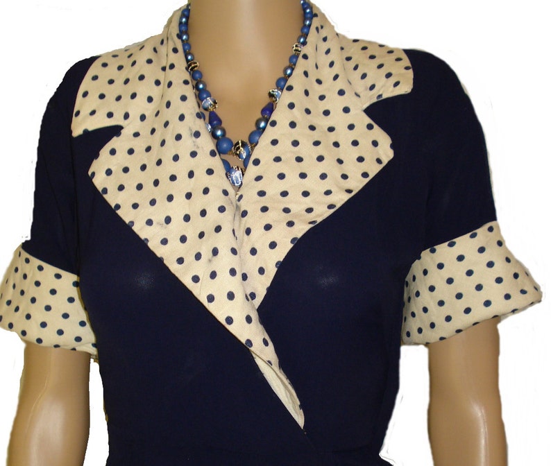 Vintage 1940s Dress . Navy Blue Polka Dots Rockabilly Deco | Etsy