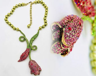 HEIDI DAUS Crystal Tulip Necklace Green & Pink Crystals  NWOT
