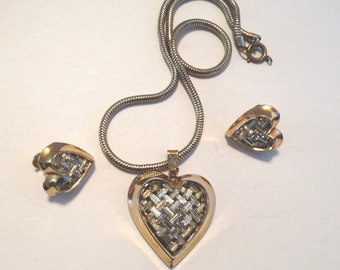 Gorgeous Vintage Rhinestone Heart Parure Necklace Matching Earrings 1950s Set