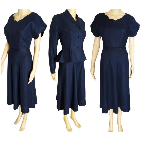 1940s Dress - Vintage 40s Dress - Navy Blue Fitted
