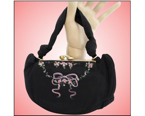 Vintage 1940s purse//40s Handbag//Black//Hand Pain