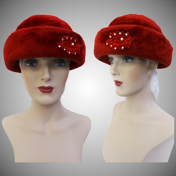 Vintage 1950s Hat | Red 1950s Hat | Rhinestone Orn