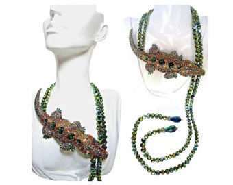 Signed Heidi Daus Alligator Rhinestone Necklace Long Glass Beads New Without Tags