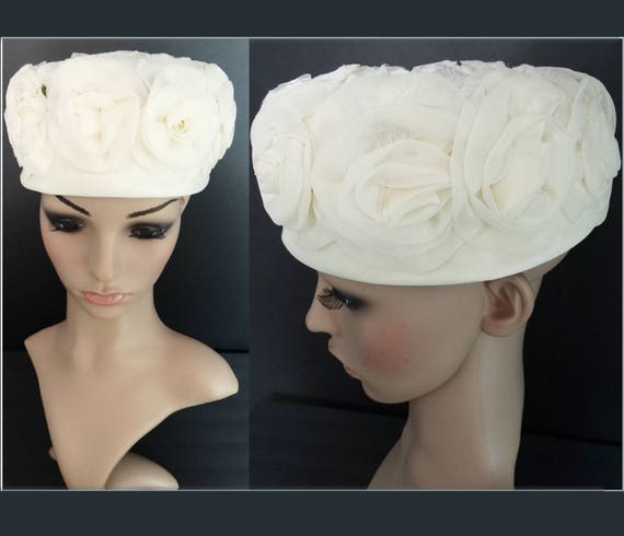 Vintage 1950s Hat | Floral Hat | Creme Hat | Desig