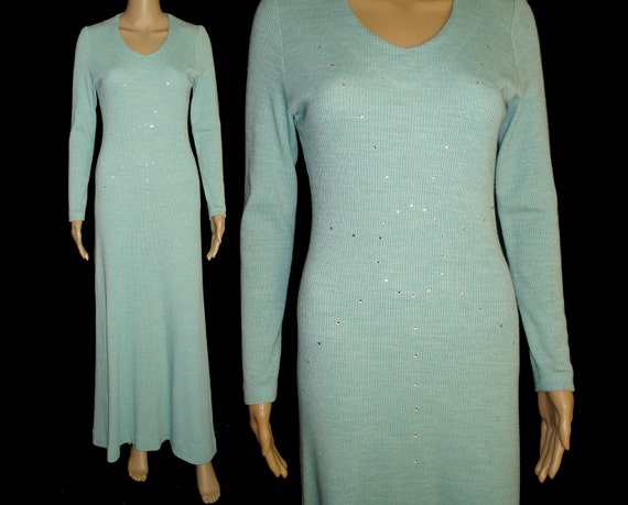 Vintage 1970s Dress . Maxi . Rhinestones . F