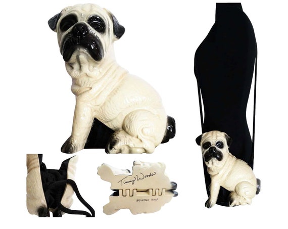 Timmy Woods Pug Dog Purse | Beige Dust Cover | Cer