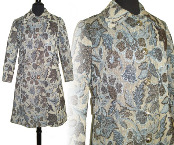 Vintage 1960s Coat . Blue Floral Tapestry . Bl
