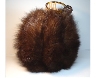 Dark Brown Fox Fur Muff, Vintage Fox Fur Muff, Real Fox Fur Muff, Fur Muff, Real 1940s Fur Muff, Tortoise Shell Handle