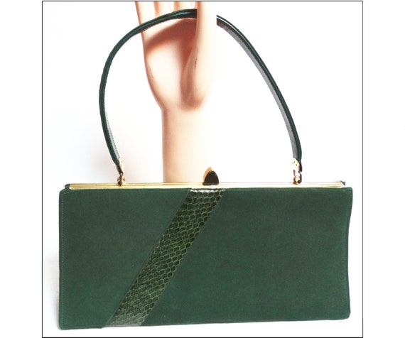 Vintage 1950s Hunter Green Purse Top Handle Bag Fa
