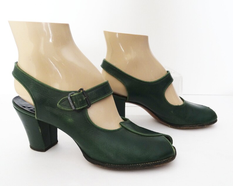 Vintage 1940s Heels Ankle Straps Green Open Toe Soft - Etsy