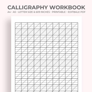 May include: A white calligraphy workbook with a grid pattern for practicing lettering. The text "CALLIGRAPHY WORKBOOK" is at the top, with details about the size and format. The workbook is 6x9 inches.