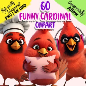 Op de afbeelding: Drie cartoon kardinalen in verschillende poses. Eén draagt een koksmuts, een ander houdt een roze kussen vast en de derde heeft een koptelefoon. De afbeelding bevat de tekst "60 Funny Cardinal Clipart" en andere tekst die duidt op hoge kwaliteit en commercieel gebruik.