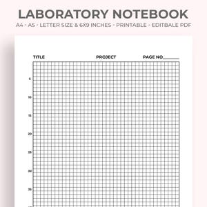 May include: A white laboratory notebook with a grid pattern, suitable for scientific notes. The notebook is labeled "LABORATORY NOTEBOOK" and is available in A4, A5, and letter sizes, measuring 15.24 x 22.86 cm. It includes fields for title, project, and page number.
