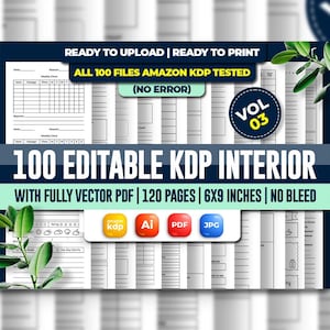 Puede incluir: Colección de 100 páginas interiores KDP editables, listas para cargar e imprimir. El diseño incluye gráficos semanales y otras plantillas. El producto mide 15,24 x 22,86 cm y tiene 120 páginas. Los archivos son PDF vectoriales y están probados para Amazon KDP.