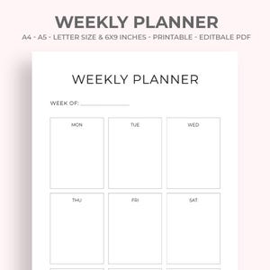 May include: A white printable weekly planner with the text "WEEKLY PLANNER" at the top. The planner includes sections for each day of the week, with the days labeled from Monday to Saturday. The planner is approximately 15 x 23 cm.