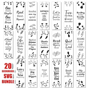 Puede incluir: Un conjunto de 20 marcadores blancos con texto negro e ilustraciones botánicas. Cada marcador presenta una cita inspiradora diferente sobre la lectura y los libros. También se ven las palabras "20 Bookmark SVG Bundle".